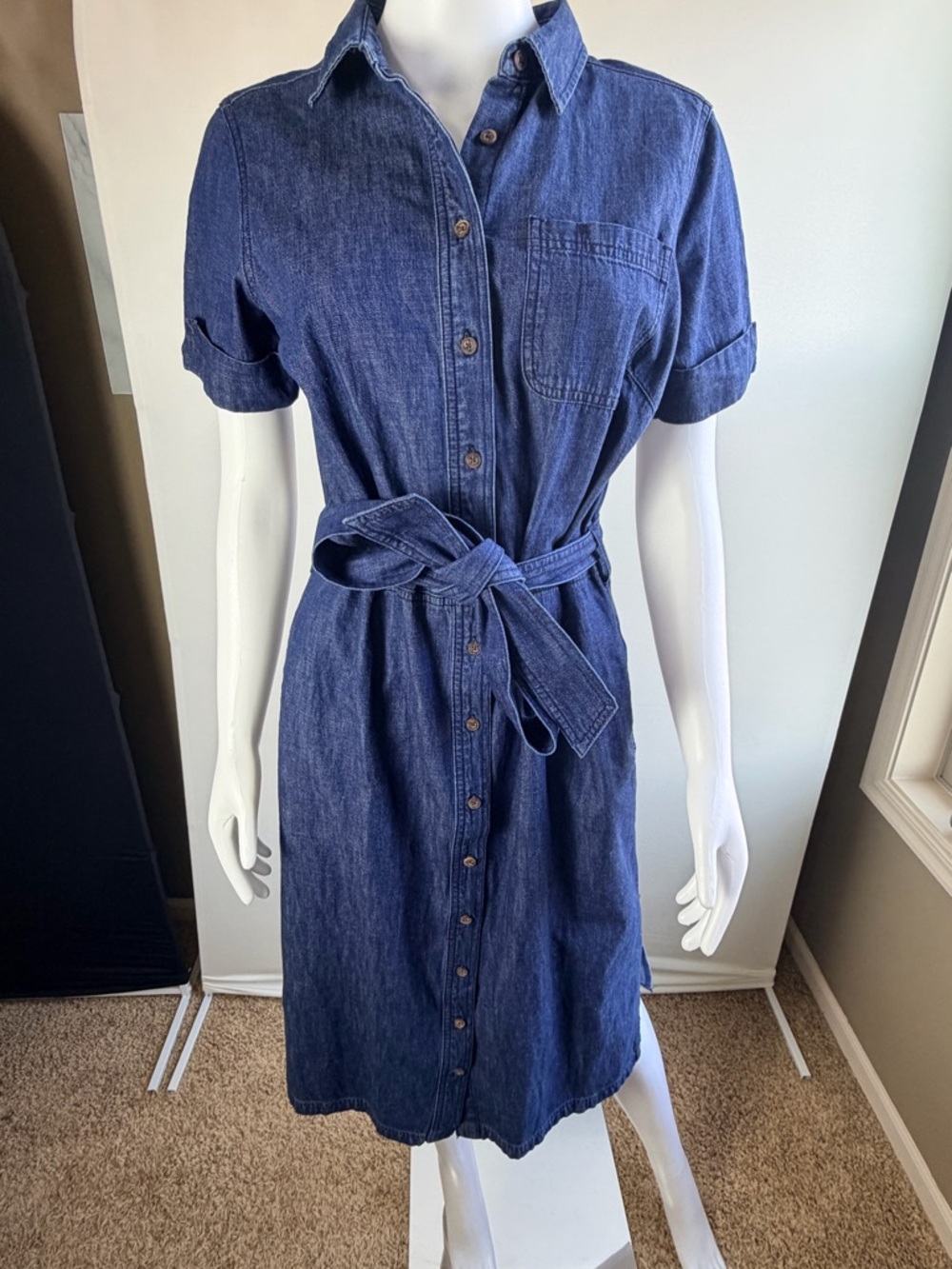 Duluth Trading Denim Midi Shirt Dress XS Button Front Belted 100% Cotton